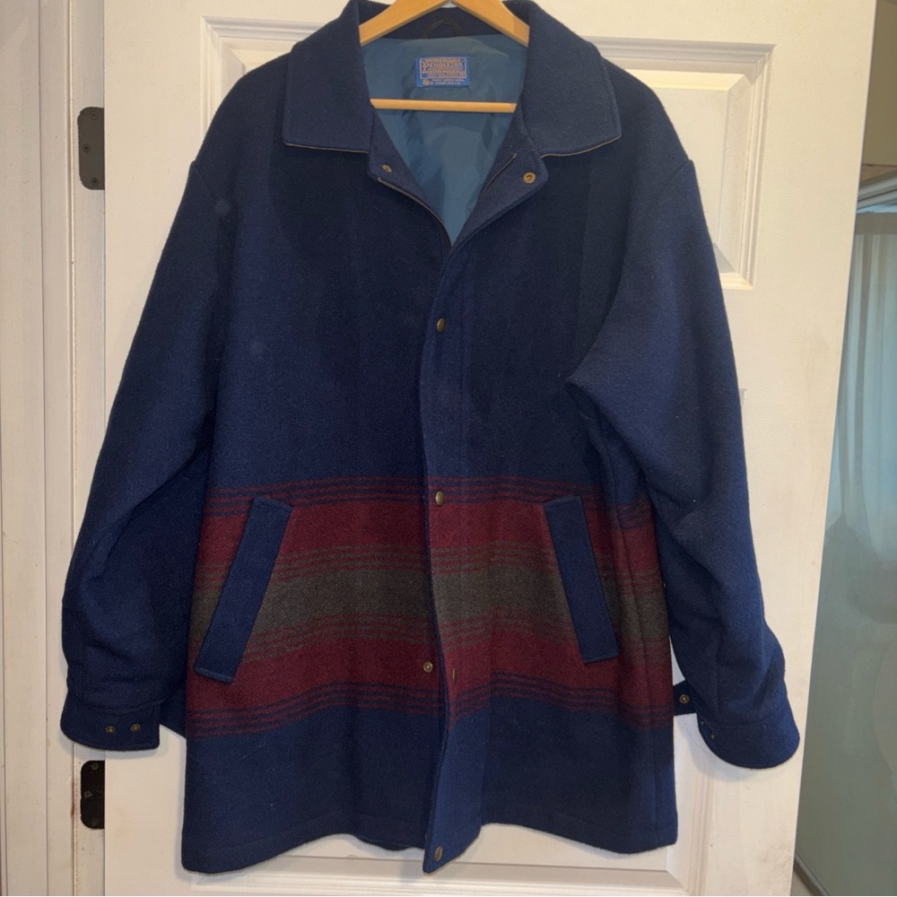 Pendleton Woolen Mills Navy Serape Striped Barn Car Pea Coat Virgin Wool L  USA